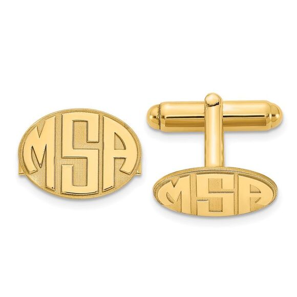 14K Yellow Gold Plated Silver Raised Monogram Oval Cuff Links 17x12mm